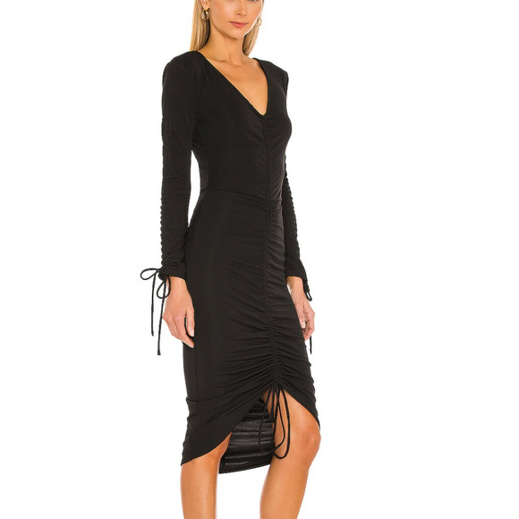 Michael Costello Black Ruched Midi Dress XXS Bodycon Cocktail Designer $230 NEW - Picture 3 of 8